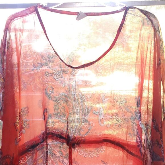 Salty Lemon Sheer Beach Cover Up One Size Paisley Kaftan Orange Red Boho - Picture 2 of 8